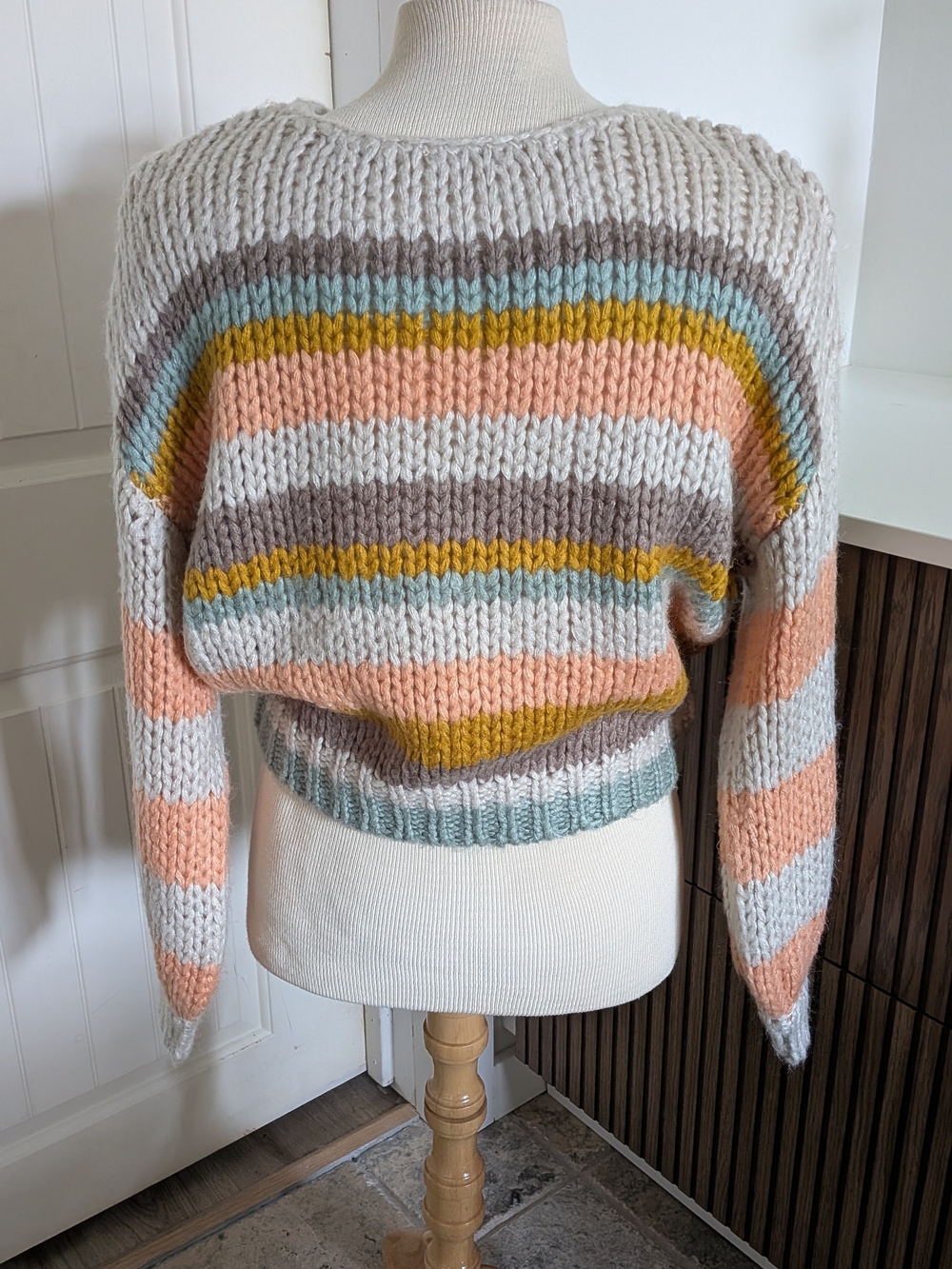 By Together Striped Cropped Crew Sweater in Peach, Mustard, Gray & Light Blue